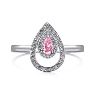 S925 Sterling Silver Pink Pear Water Drop Cubic Zirconia Ring Formal Elegant